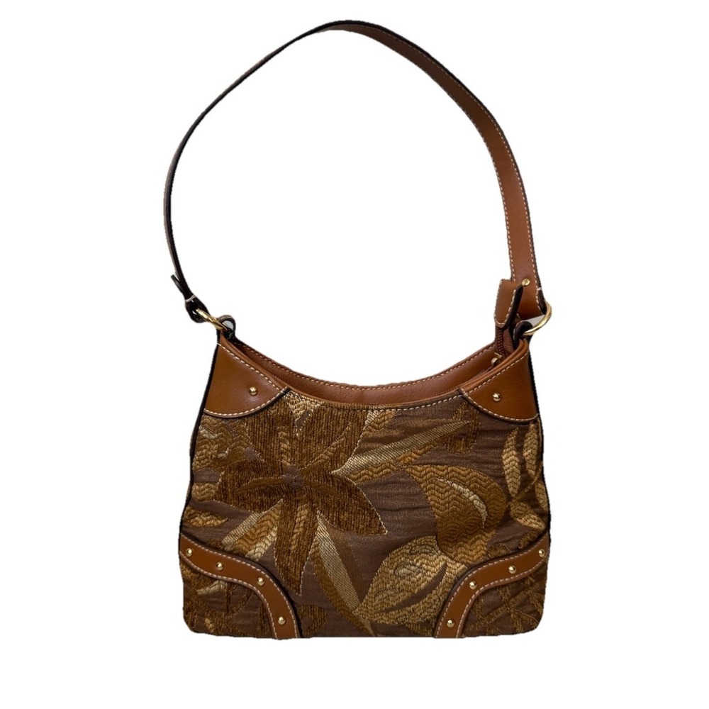 Etienne Aigner Purse‎ Handbag Brown Jacguard Leaf & Gold Studded Leather Trim